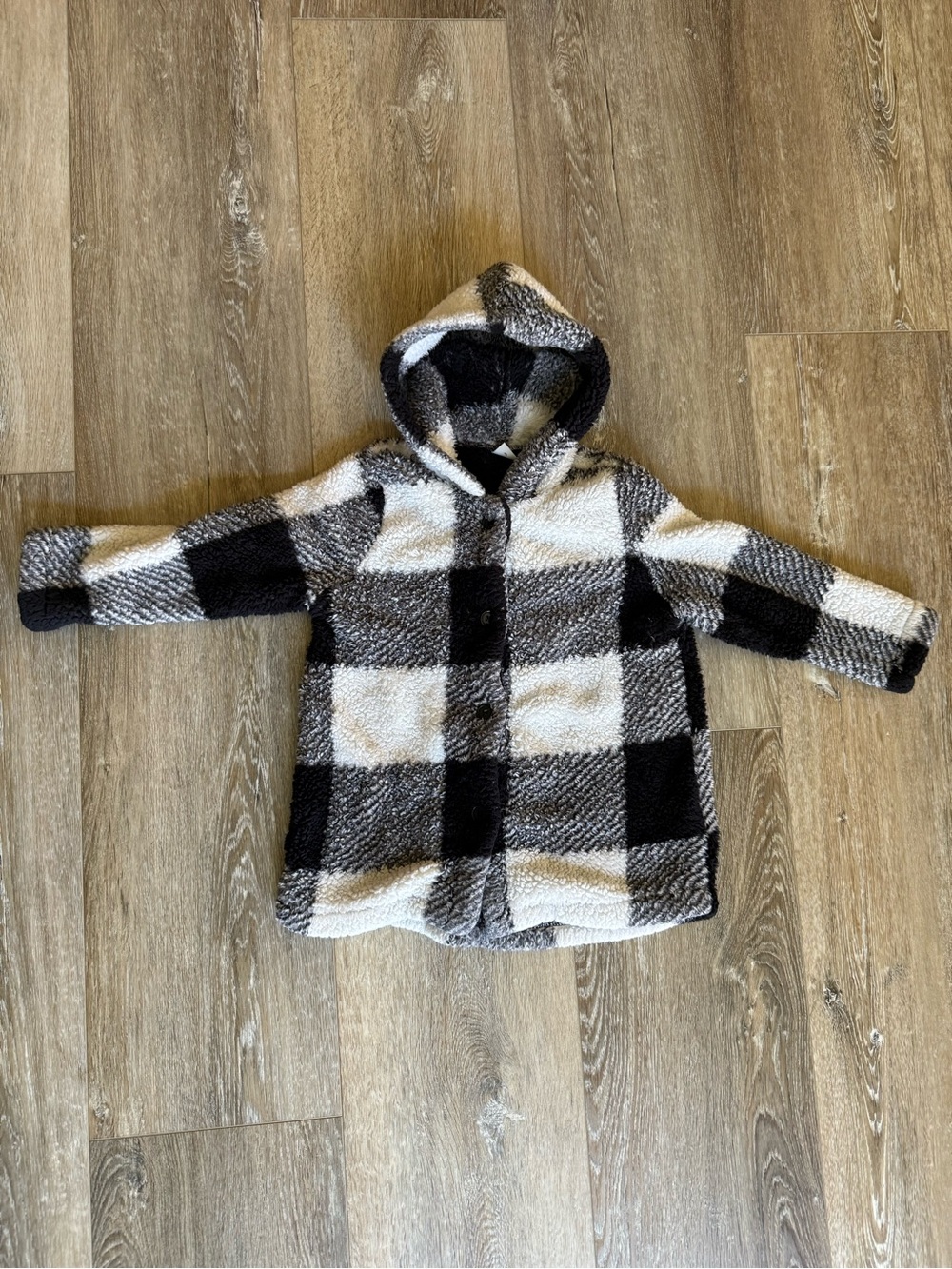 SHEIN Black & White Buffalo Check Hooded Sherpa Jacket - Kids